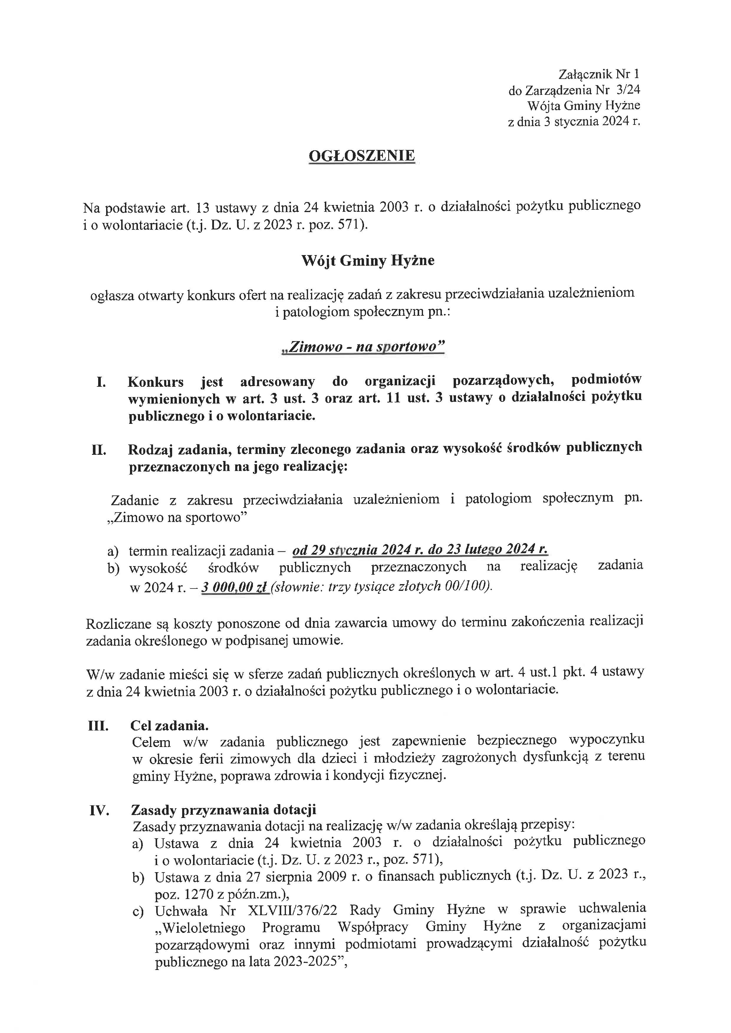 Wójt Gminy Hyżne ogłasza otwarty konkurs ofert na realizację zadań z zakresu przeciwdziałania uzależnieniom i patologiom społecznym pn.: „Zimowo – na sportowo”