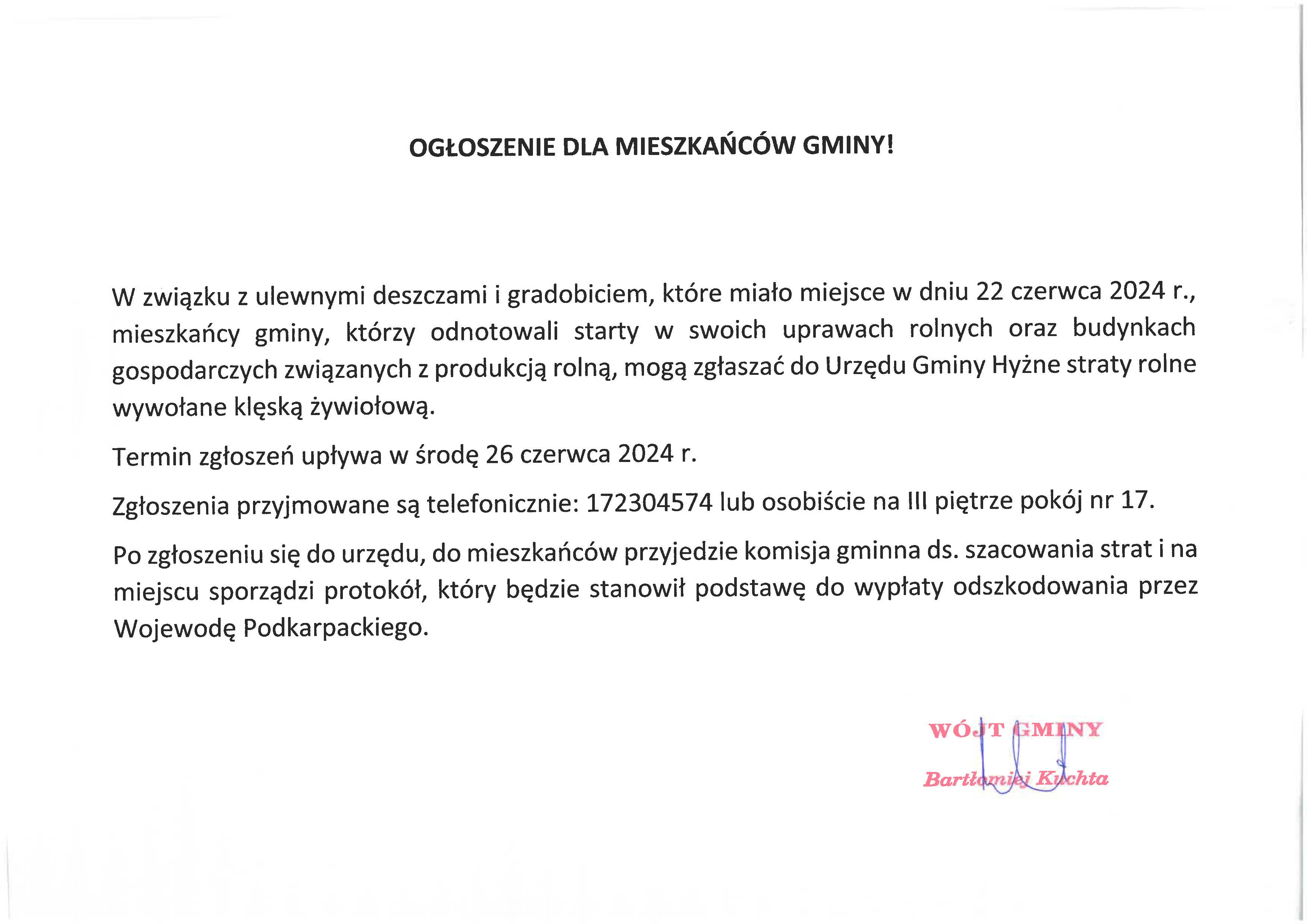 OGŁOSZENIE DLA MIESZKAŃCÓW GMINY – w związku z ulewnymi deszczami i gradobiciem