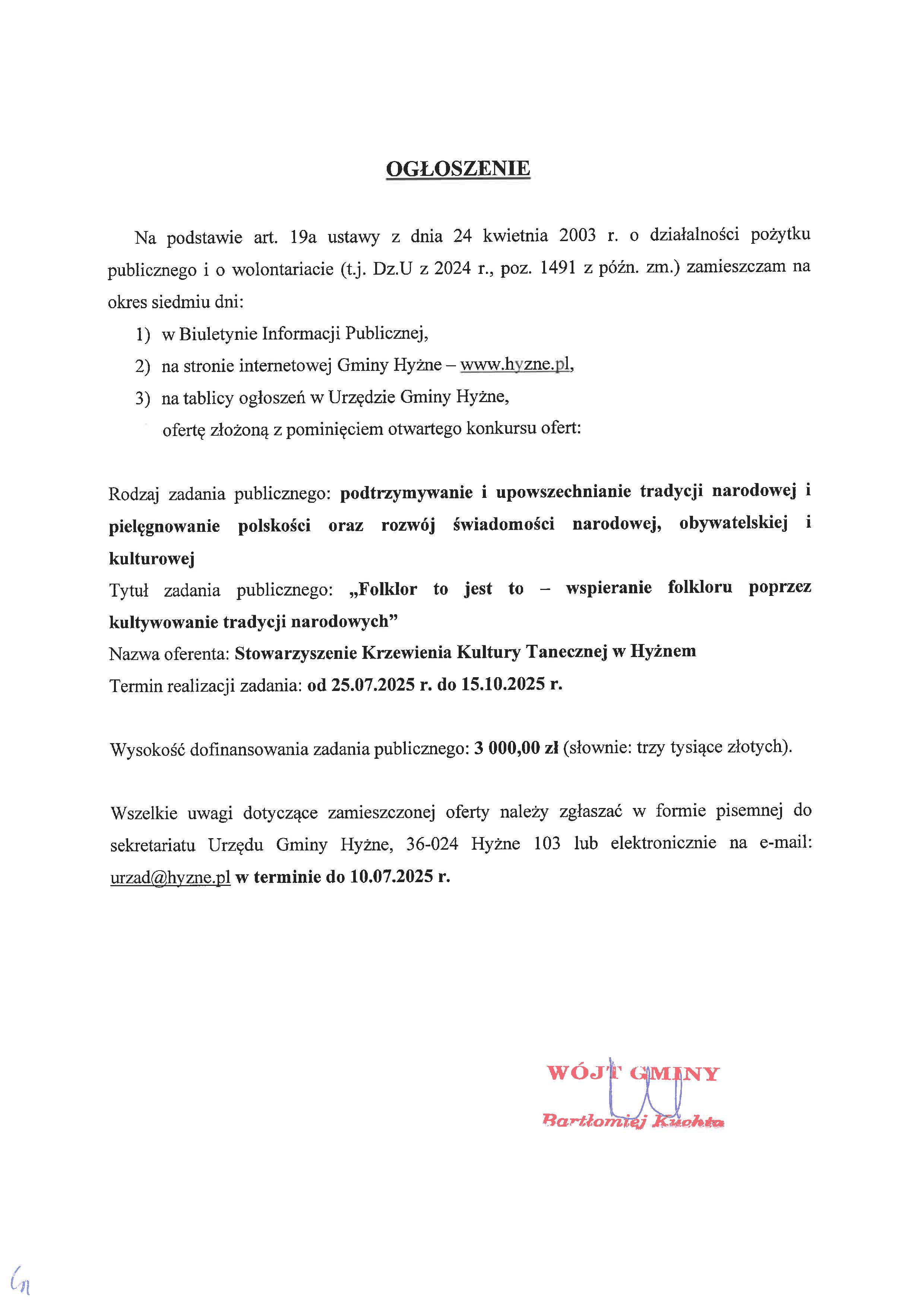 Ogłoszenie w sprawie oferty realizacji zadania publicznego