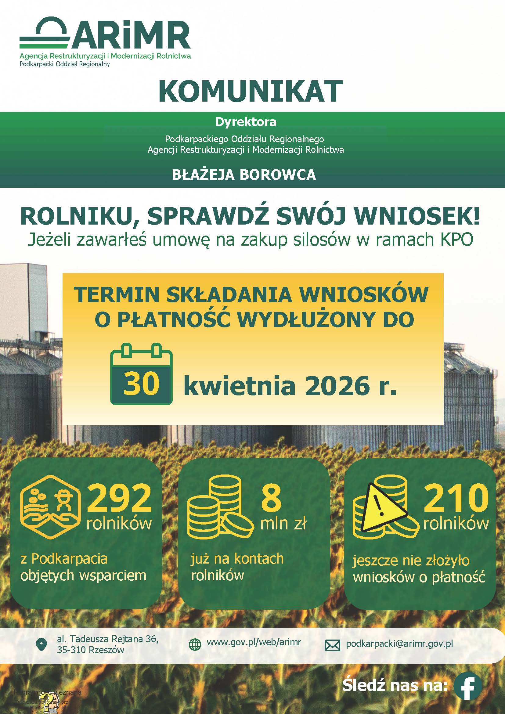 KOMUNIKAT ARiMR W SPRAWIE WYDŁUŻENIA TERMINU SKŁADANIA WNIOSKÓW O PŁATNOŚĆ